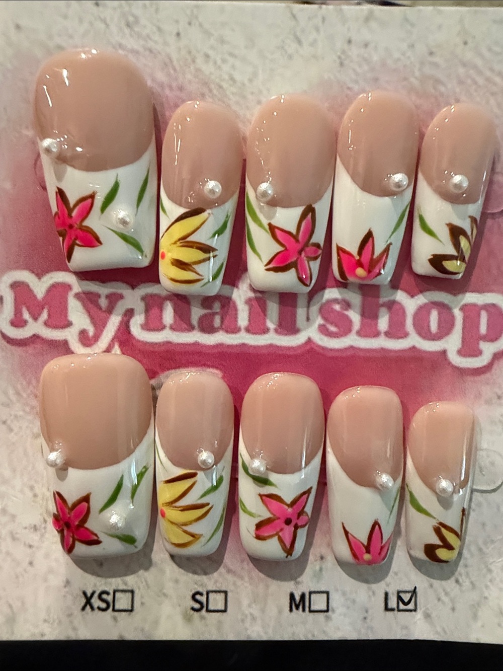 Floral French Tip handmade acrylic Press-On Nails in Nude, White & Pink